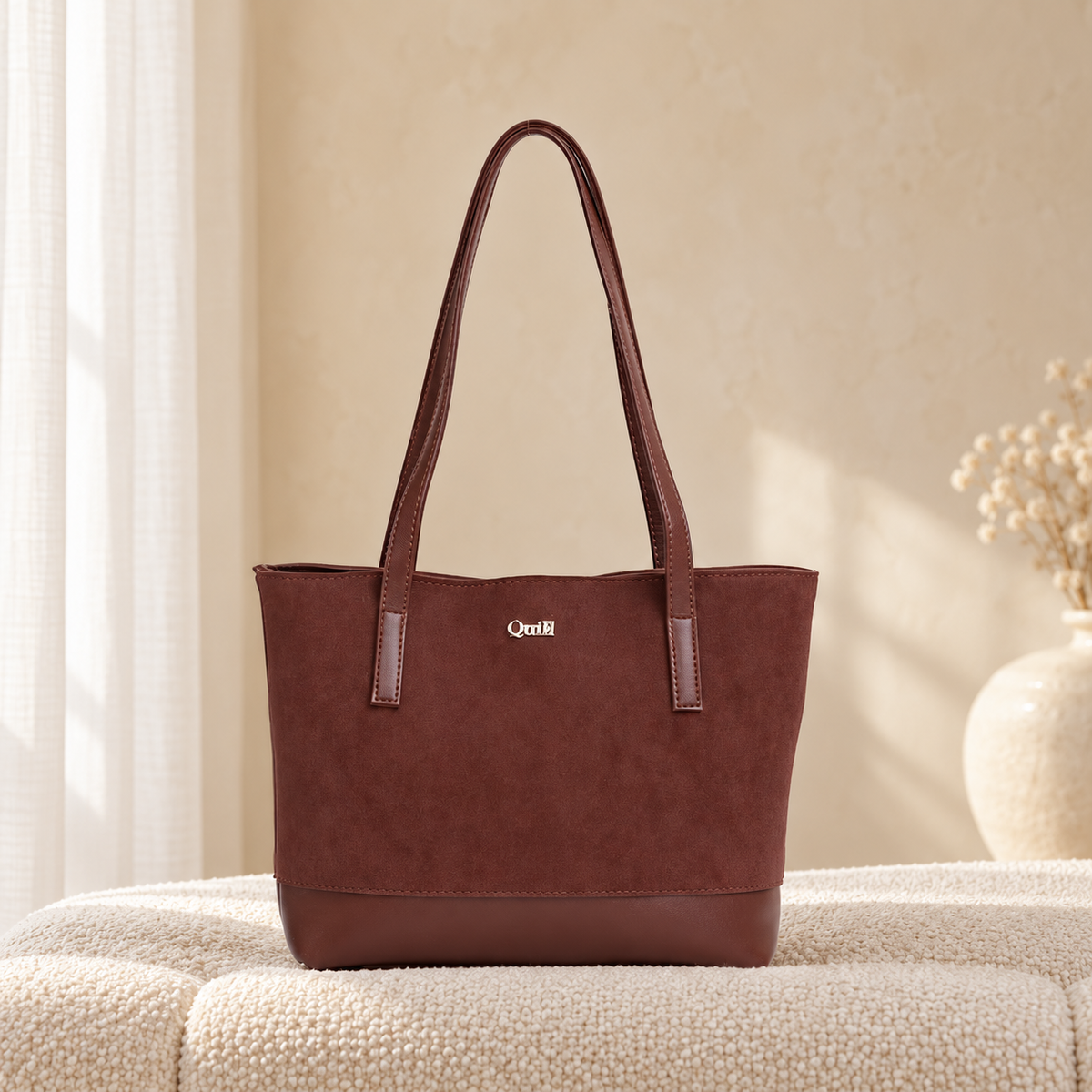 Nova 2 Piece Tote Bag Set for Women | Premium Handbag | Quill — Chocolate in cozy cream setting