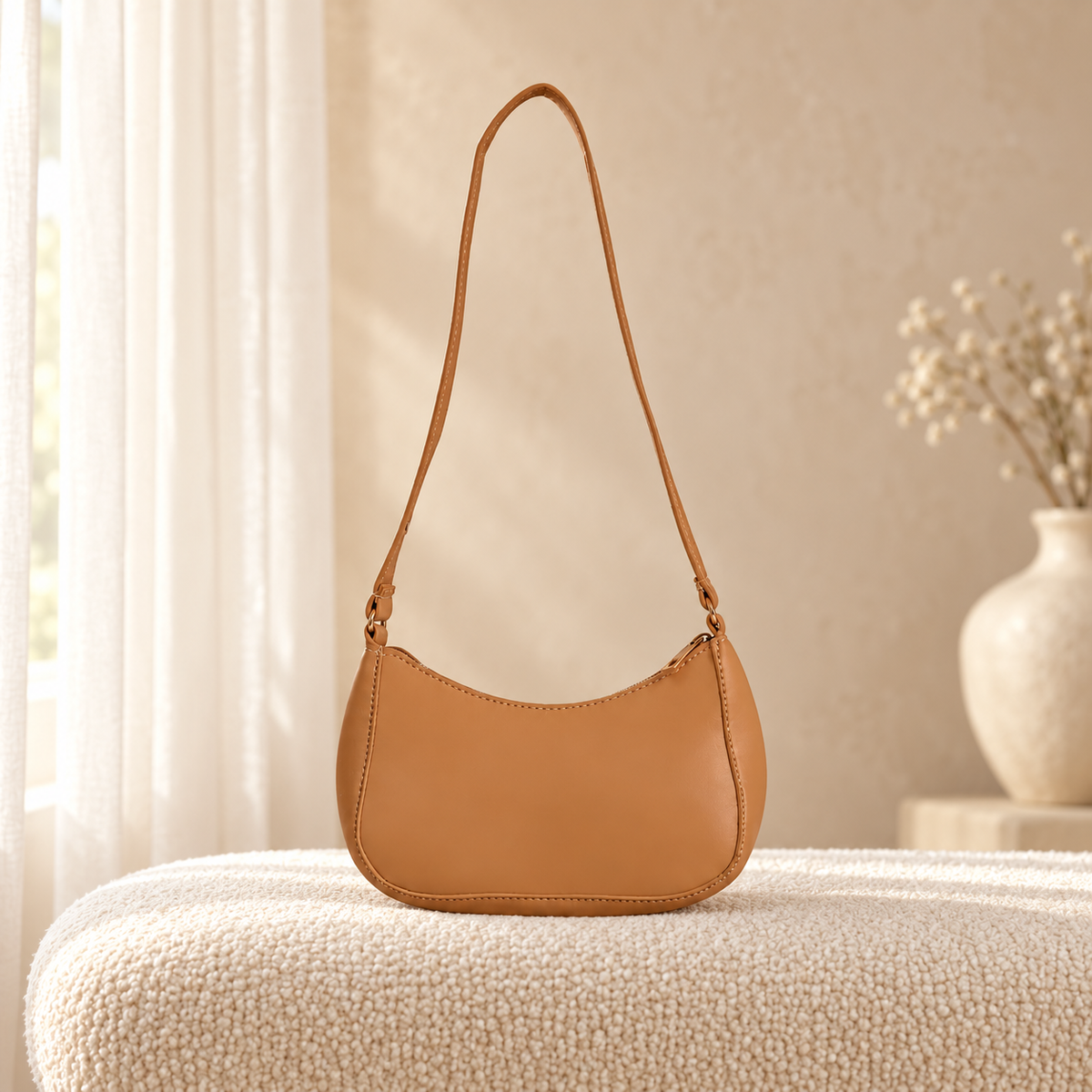U Curve Hobo Handbag for Women | Shoulder Crossbody Bag | Quill Tan in a cozy cream setting