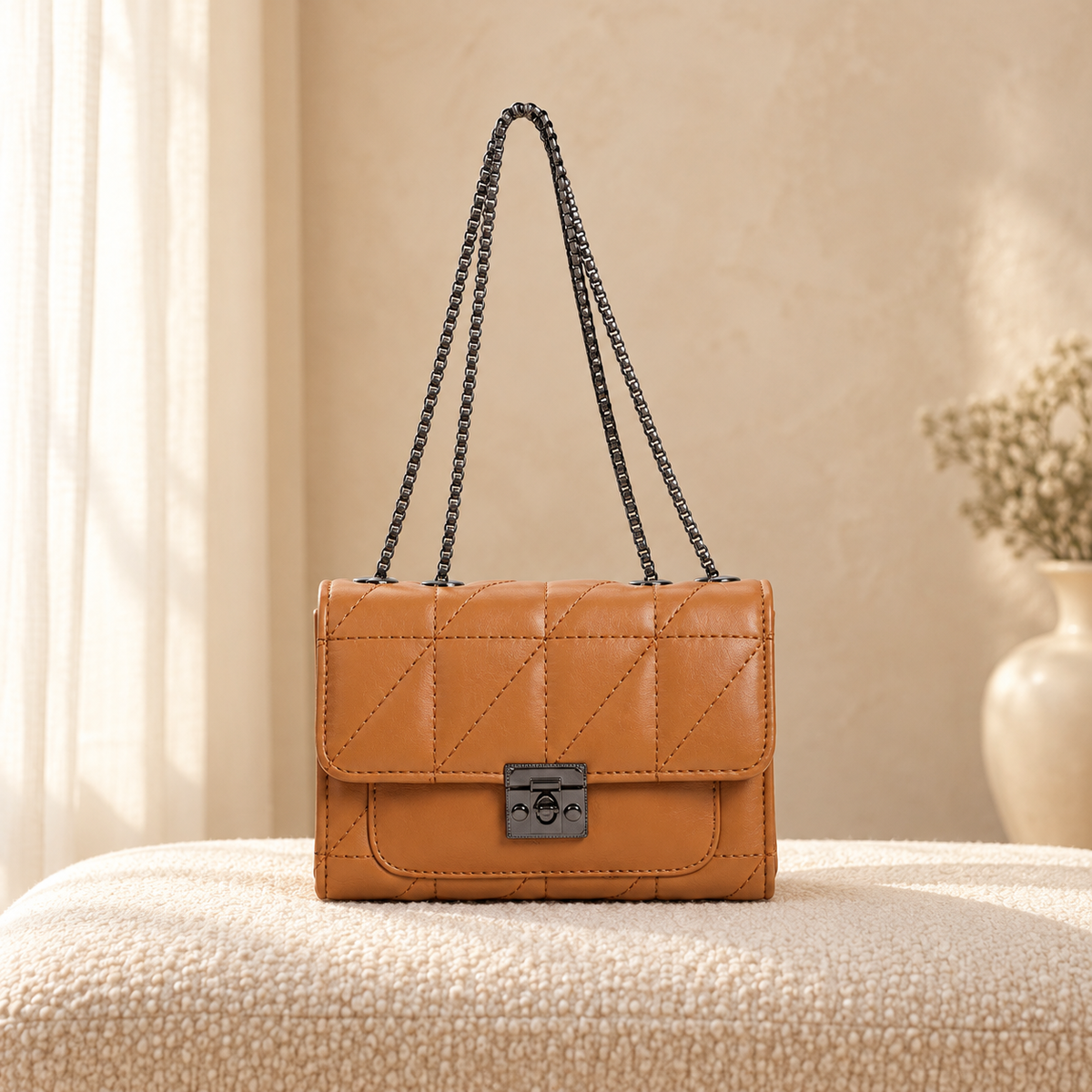 Luxe Quilted Handbag for Women | Chain Strap Shoulder Bag | Quill Tan in a cozy cream setting