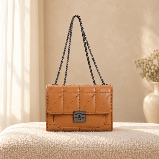 Luxe Quilted Handbag for Women | Chain Strap Shoulder Bag | Quill Tan in a cozy cream setting