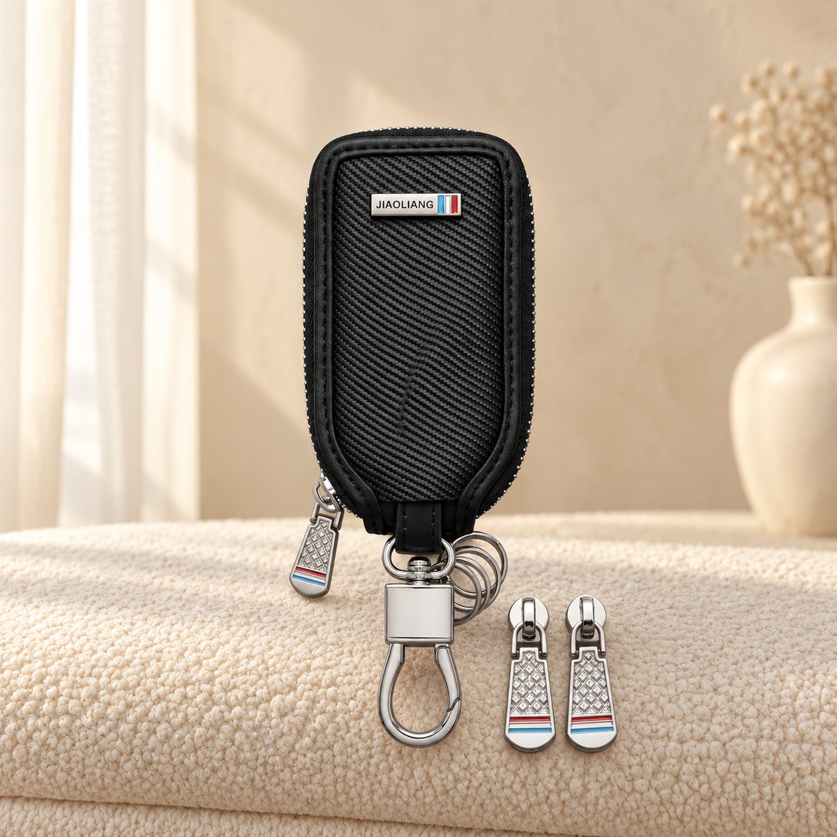 Quill Zippered Leather Car Key Case with Keyring — Black in cozy cream setting
