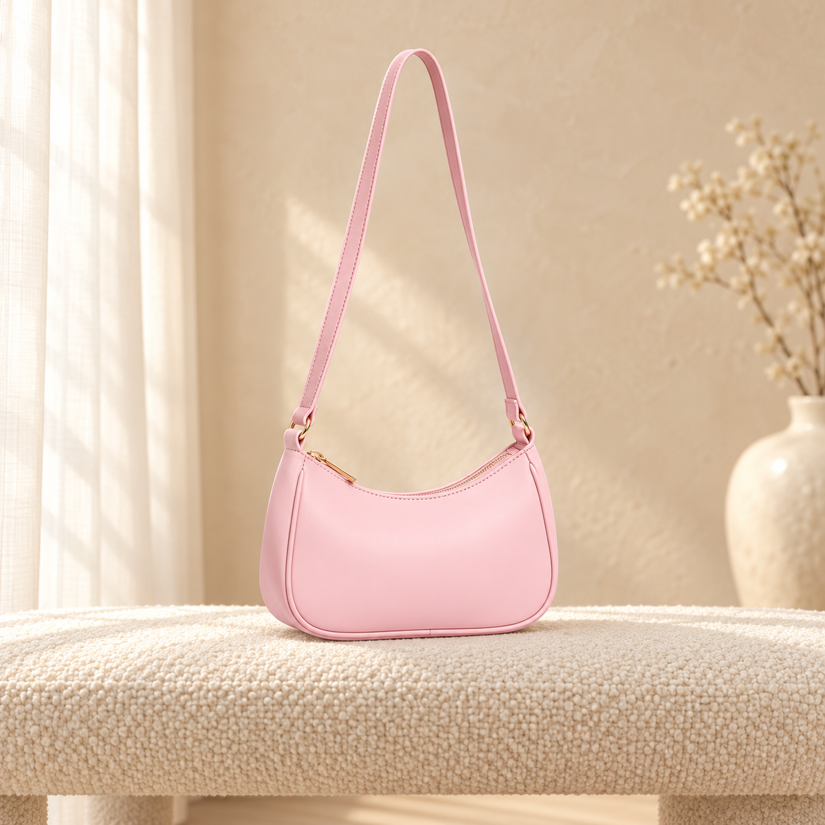 U Curve Hobo Handbag for Women | Shoulder Crossbody Bag | Quill Pink in a cozy cream setting