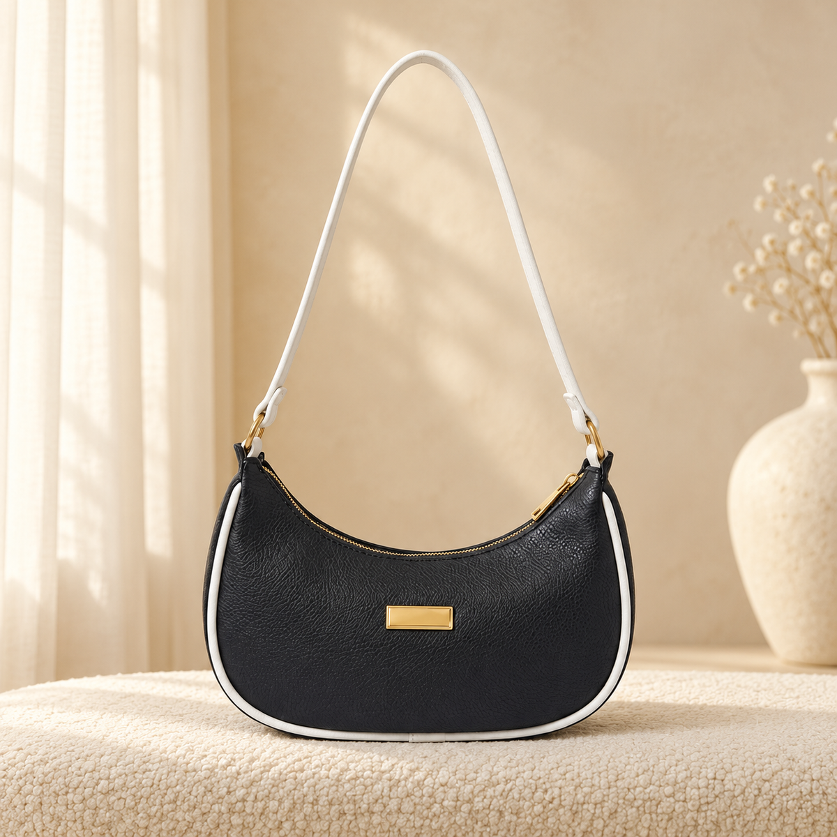 Dark Black bag in cozy cream setting