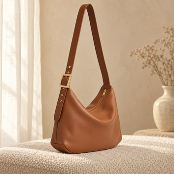 Tan shoulder bag in a cozy cream setting