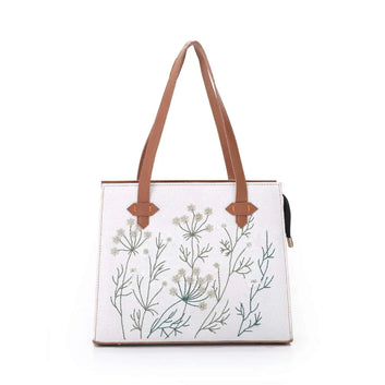 Whispering Leaves Embroidered Canvas Tote Bag for Women White original product photo