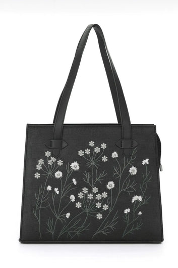 Whispering Leaves Embroidered Canvas Tote Bag for Women Black original product photo